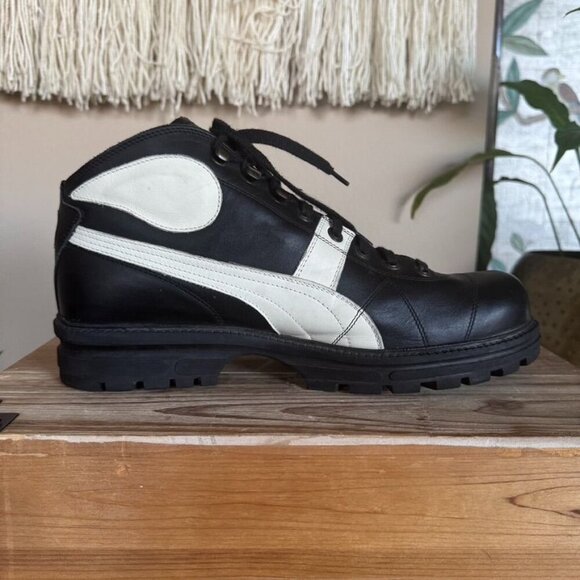 90s Vintage Puma Rudolf Dassler Black Ivory Leather Mid Lug Sole Boots Size 12 - Picture 7 of 17